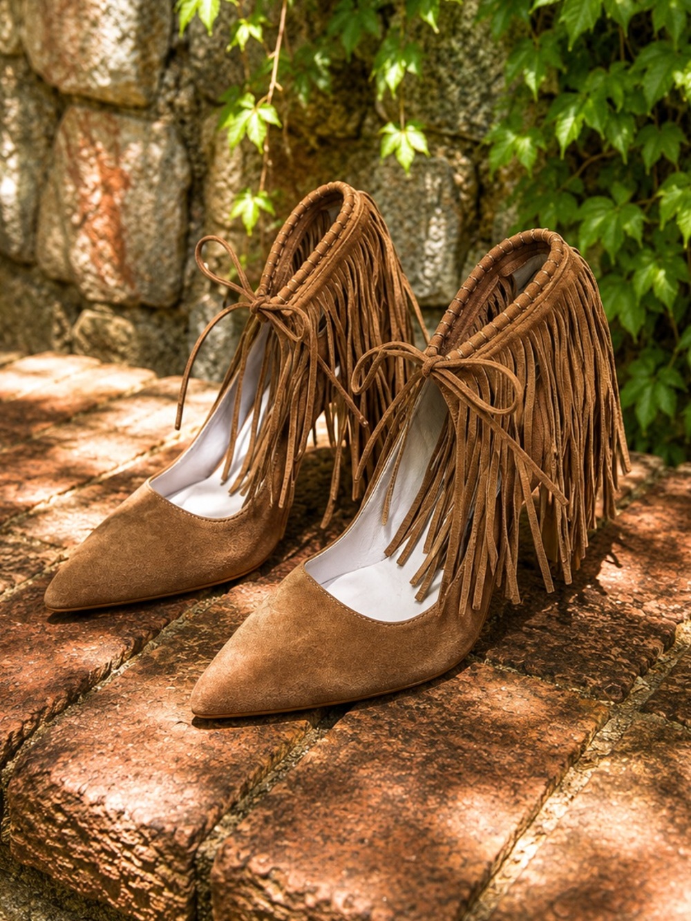 ZARA Coastal Cowgirl Western Caramel Suede Fringed Ankle Tie Stiletto Heels, 39